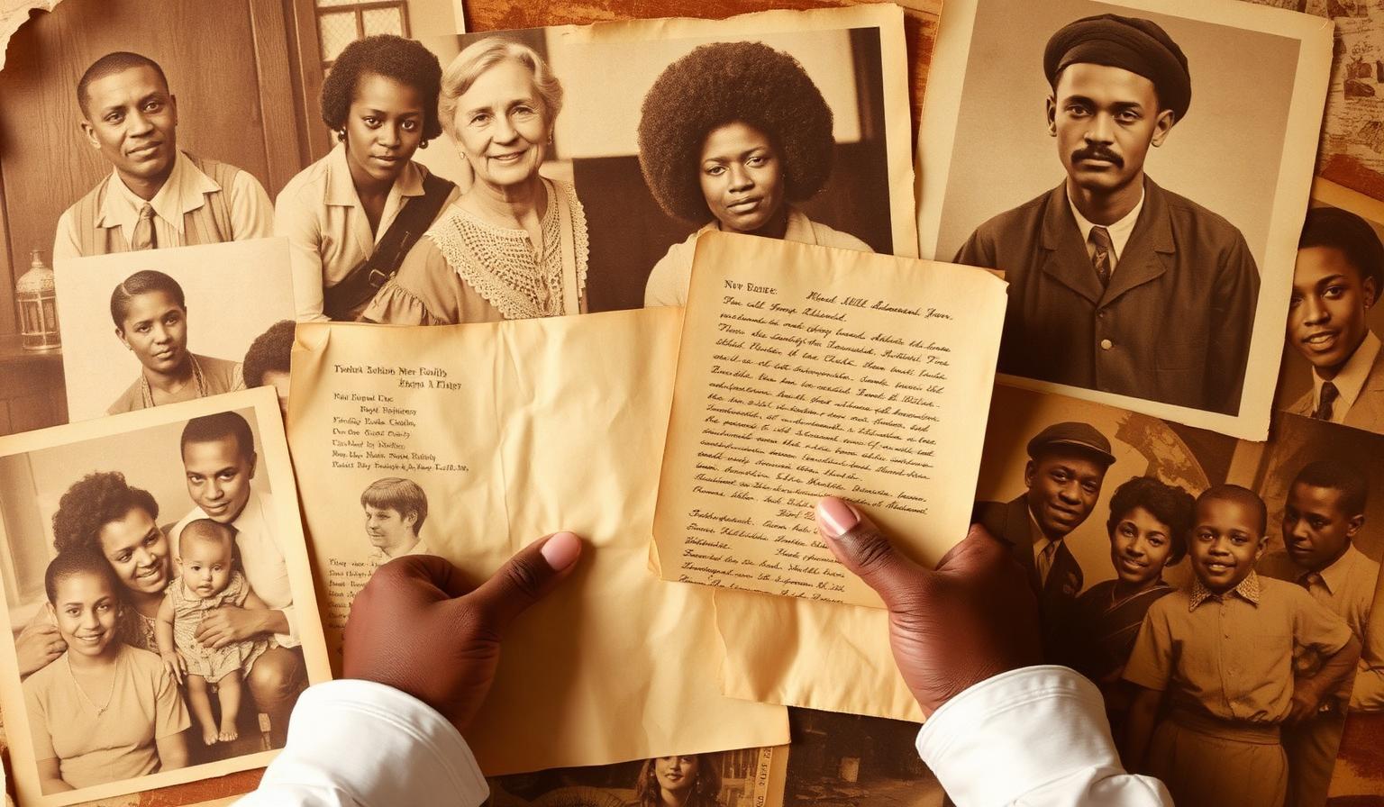 Vintage African American family photographs and handwritten genealogy records